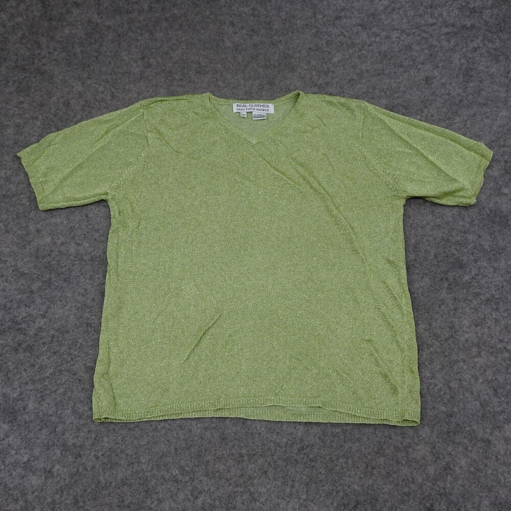 Real Clothes Saks Fifth Avenue Top Womens Medium Green Knit Pullover Shimmer